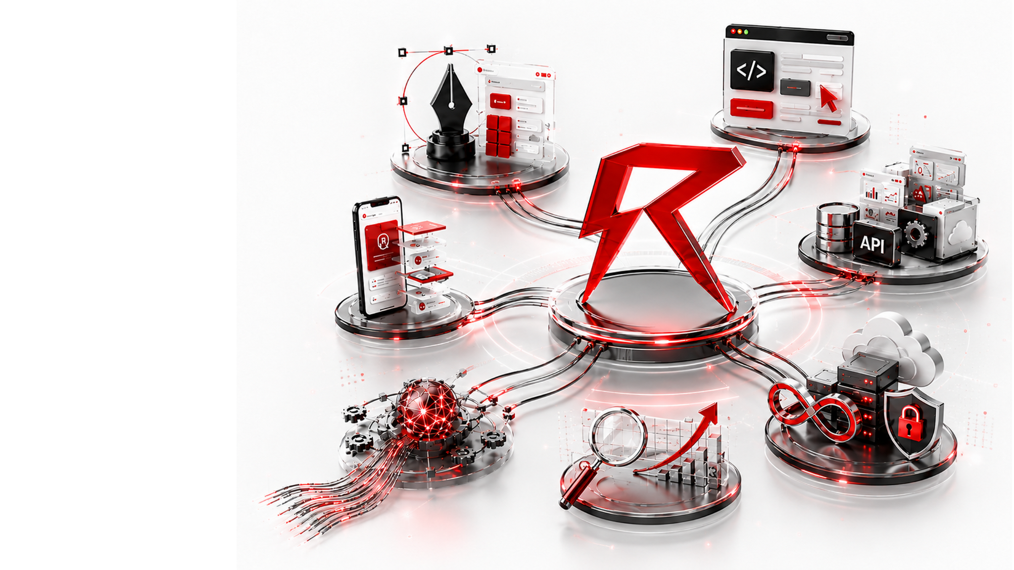 Rudrexa connected technology ecosystem showing branding, software, mobile, API, analytics, cloud and security linked together.